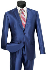 Mens 2 Button Slim Fit Shiny Sharkskin Suit in Blue