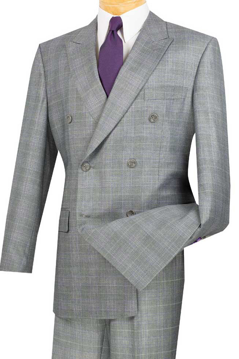Mens Classic Wool Feel Double Breasted Glen Plaid Suit in Grey ...