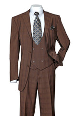 Mens 2 Button Plaid Double Breasted Fancy Scoop Vest Suit in Brown