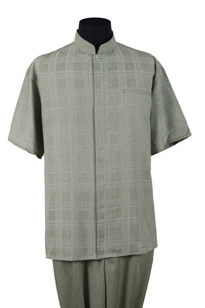 Mens Short Sleeve Plaid Mandarin Banded Collar Walking Suit in Olive
