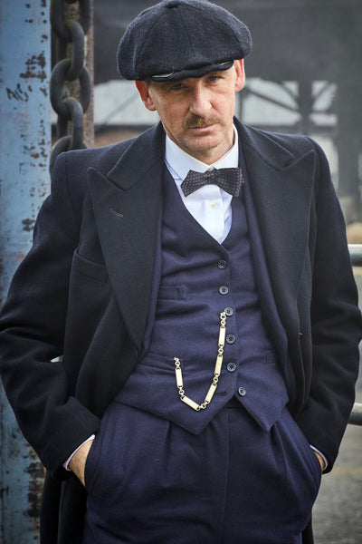 Mens Peaky Blinders Costume Arthur Shelby Vested Navy Suit with Black Overcoat & Hat 1   - from alligatorwarehouse.com