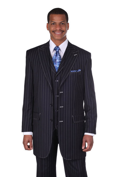 Mens 3 Button Vested Wide Peak Lapel 1920's Gangster Pinstripe Suit in Navy 1 5903V-Navy-38R  - from alligatorwarehouse.com
