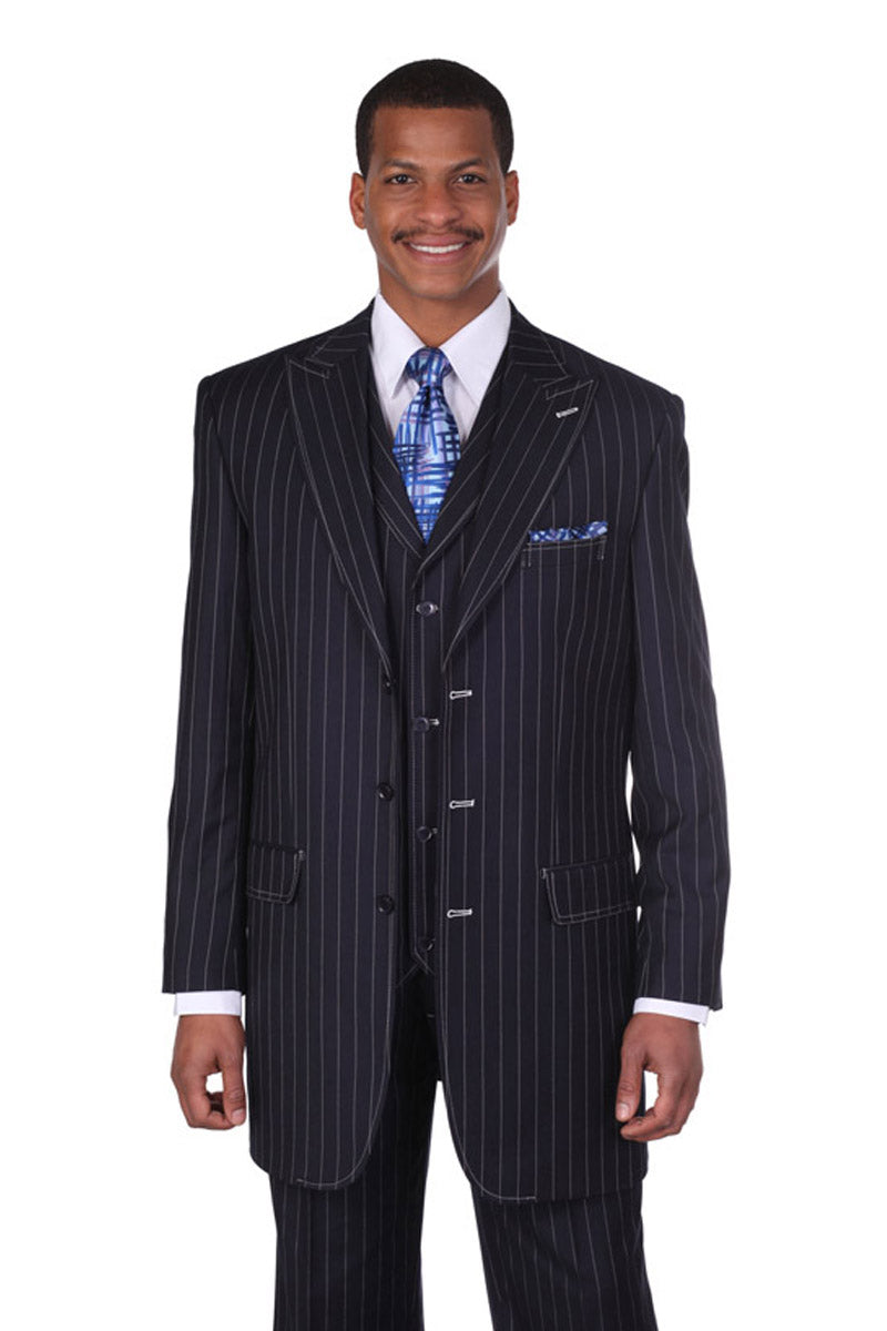 Mens 3 Button Vested Wide Peak Lapel 1920's Gangster Pinstripe Suit in Navy