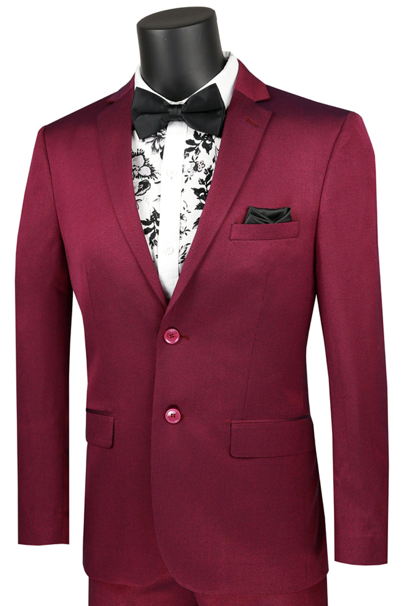 Mens Ultra Slim Fit Shiny Satin Sharkskin Suit in Plum