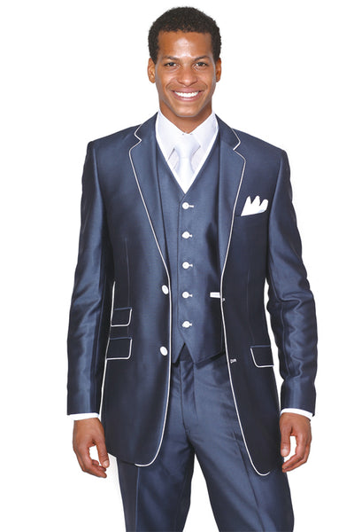 Mens 2 Button Vested Sharkskin Suit with Contrast Trim in Navy 1 5702V1-Navy-38R  - from alligatorwarehouse.com