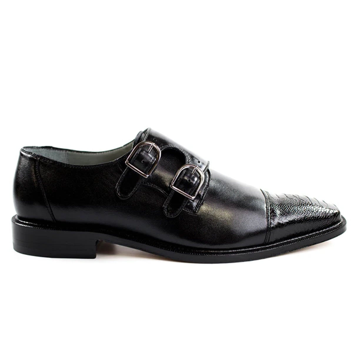 Mens Belvedere Amico Double Monk Strap Ostrich Dress Shoe in Black