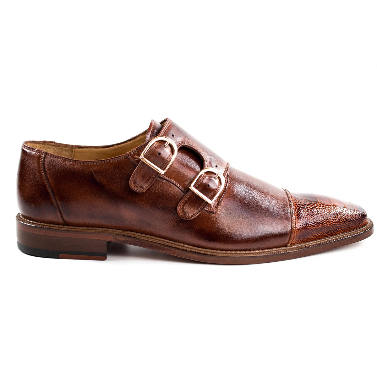 Mens Belvedere Amico Double Monk Strap Ostrich Dress Shoe in Brown