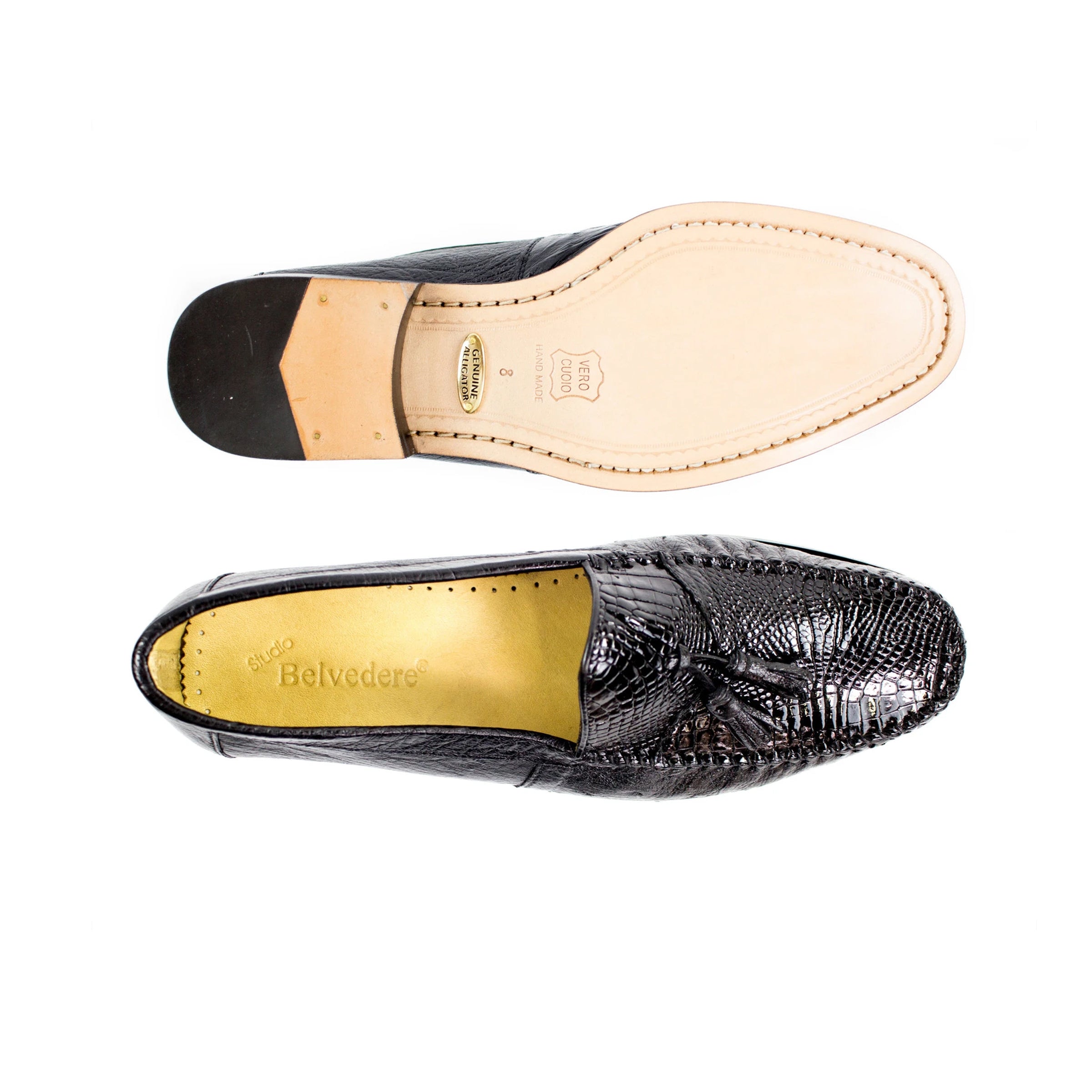 Mens Belvedere Bari Caiman & Ostrich Tassel Loafer in Black