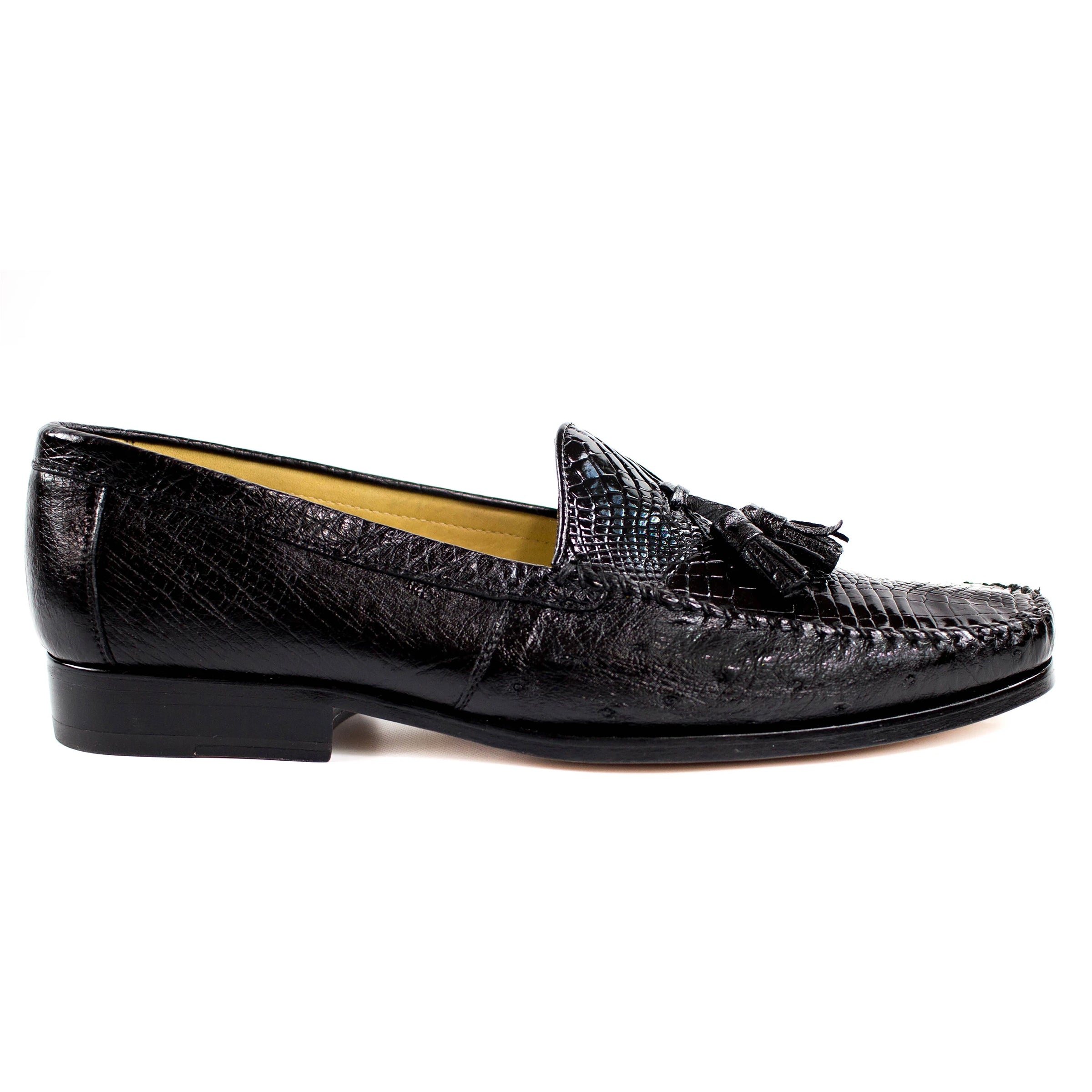 Mens Belvedere Bari Caiman & Ostrich Tassel Loafer in Brown