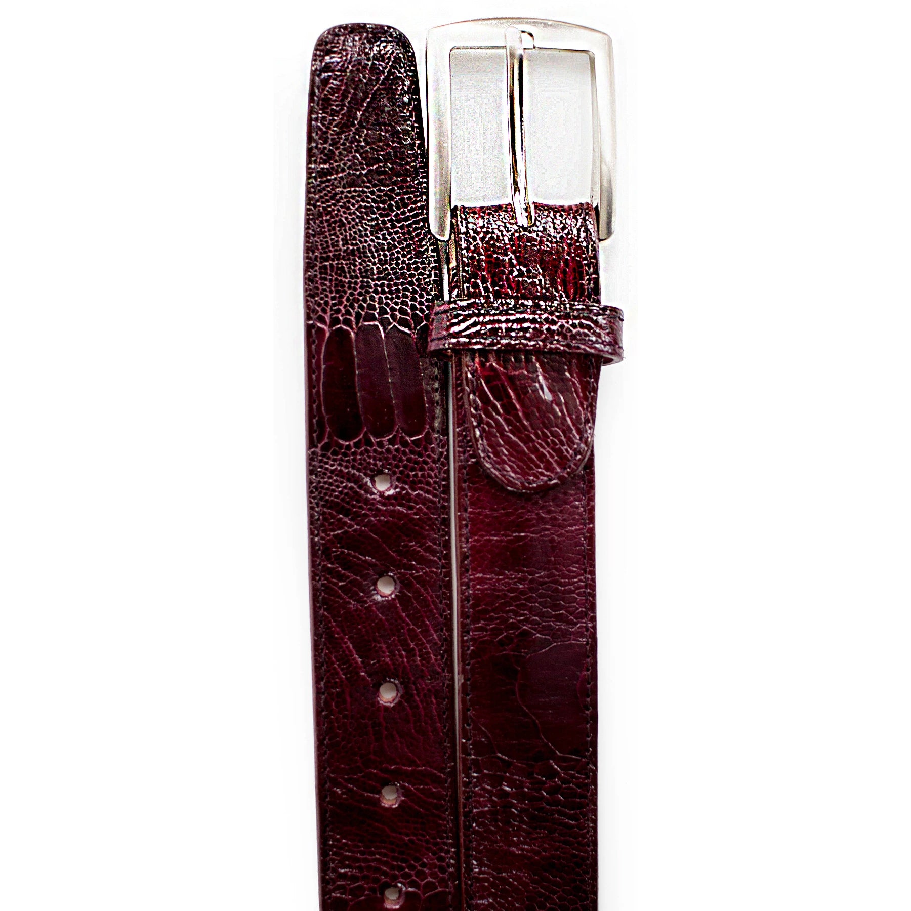 Mens Belvedere Ostrich Leg Dress Belt in Burgundy