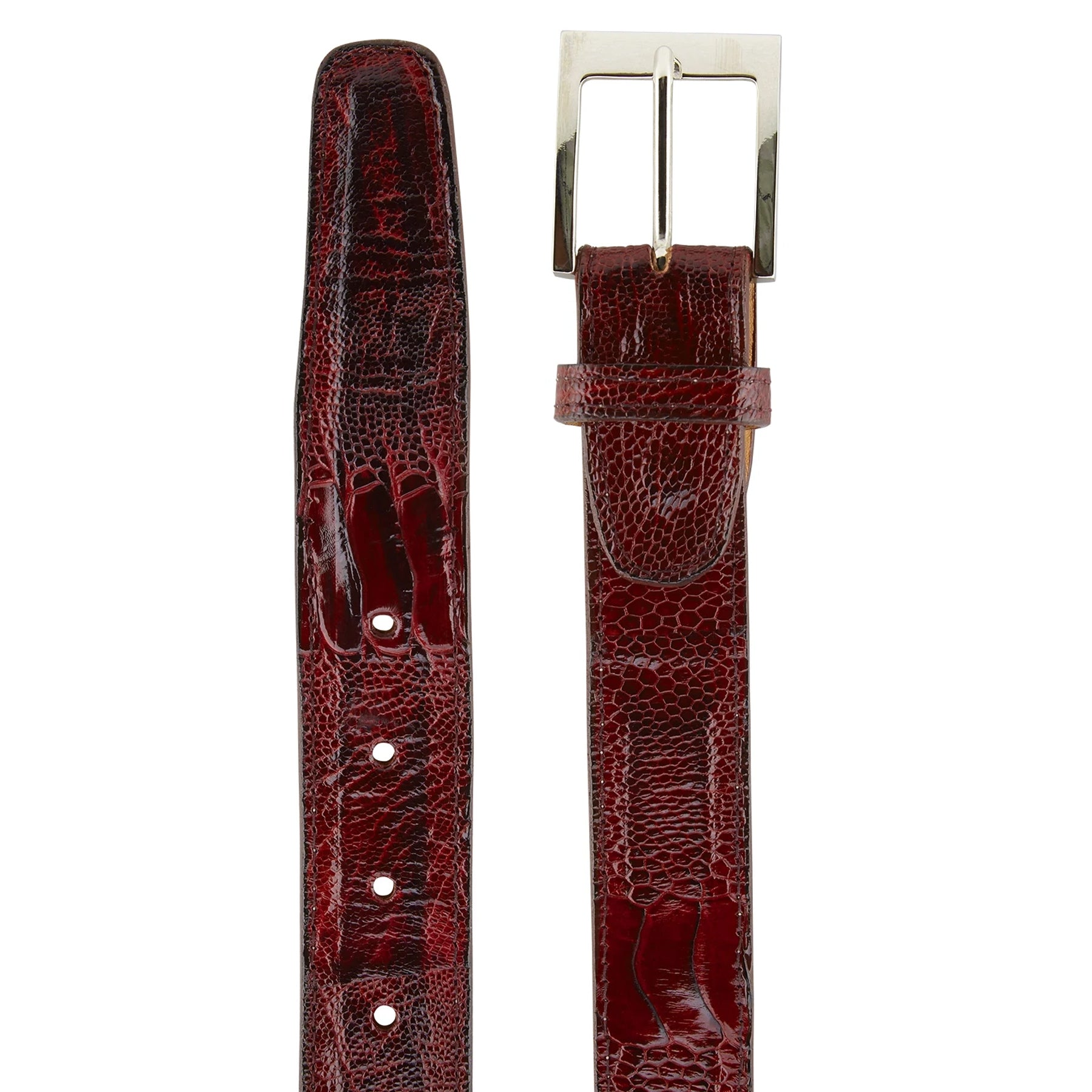 Mens Belvedere Ostrich Leg Dress Belt in Dark Burgundy