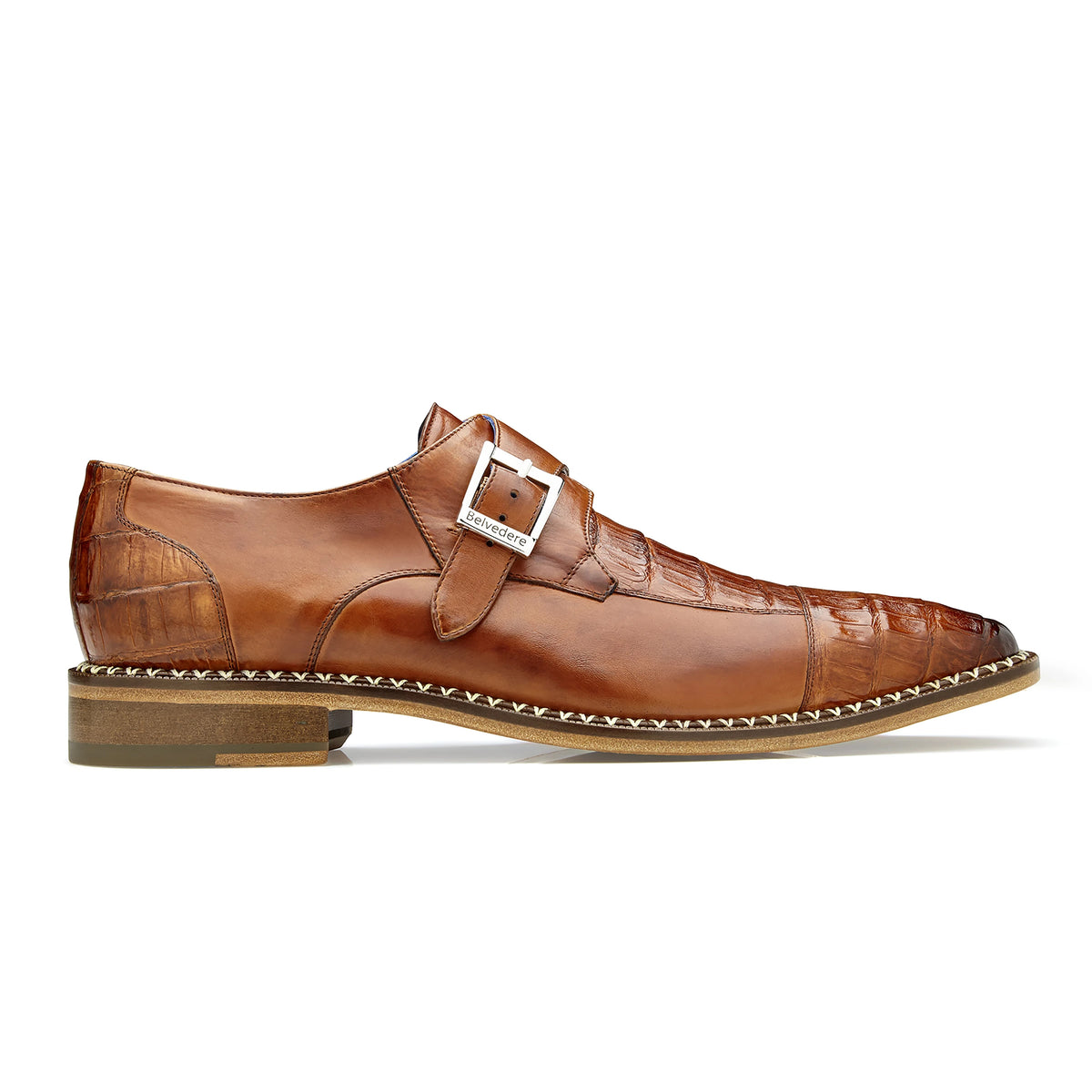 Mens Belvedere Falcon Caiman Crocodile Monk Strap in Tan