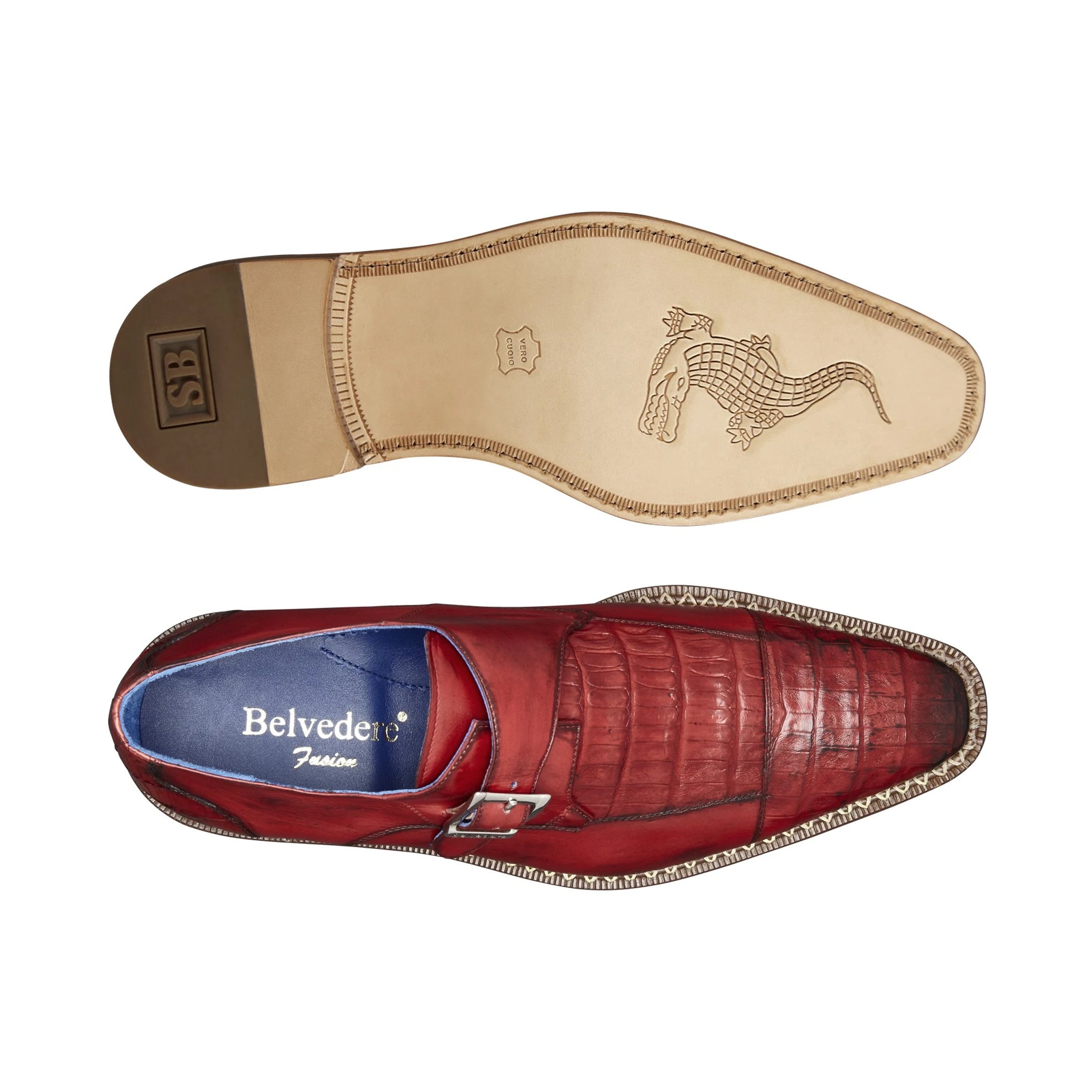 Mens Belvedere Falcon Caiman Crocodile Monk Strap in Red