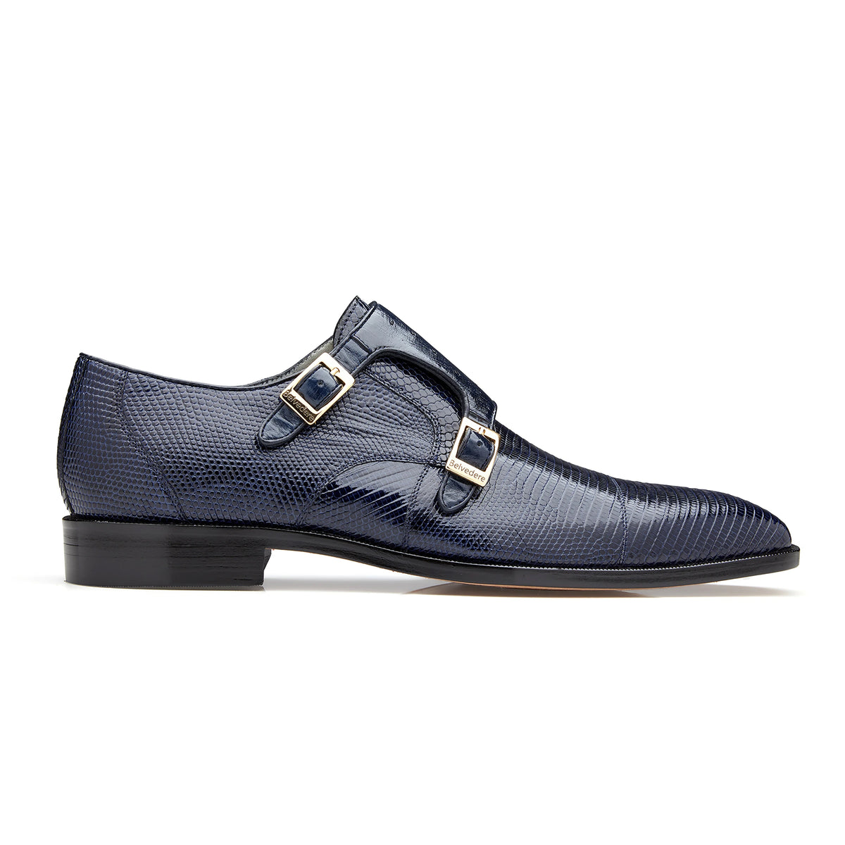 Mens Belvedere Pablo Lizard & Ostrich Double Monk Strap Dress Shoe in Navy