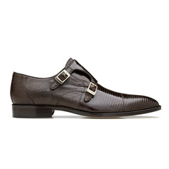 Mens Belvedere Pablo Lizard & Ostrich Double Monk Strap Dress Shoe in Brown