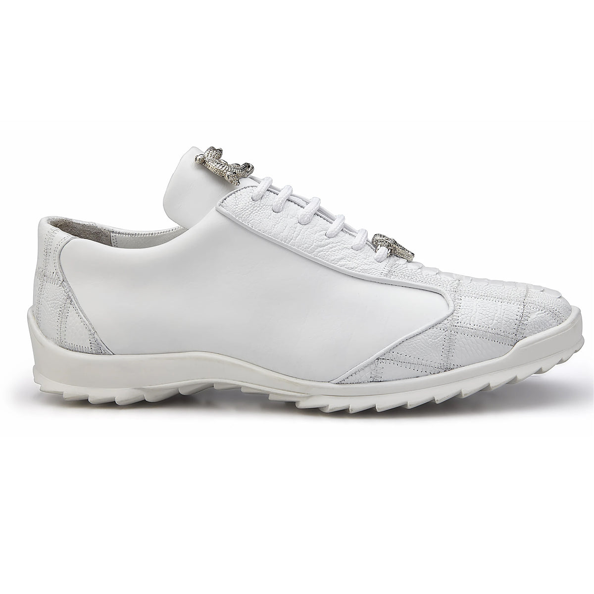 Mens Belvedere Paulo Sneaker in Calf & Ostrich Leg Patchwork in White