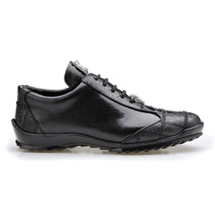 Mens Belvedere Paulo Sneaker in Calf & Ostrich Leg Patchwork in Black