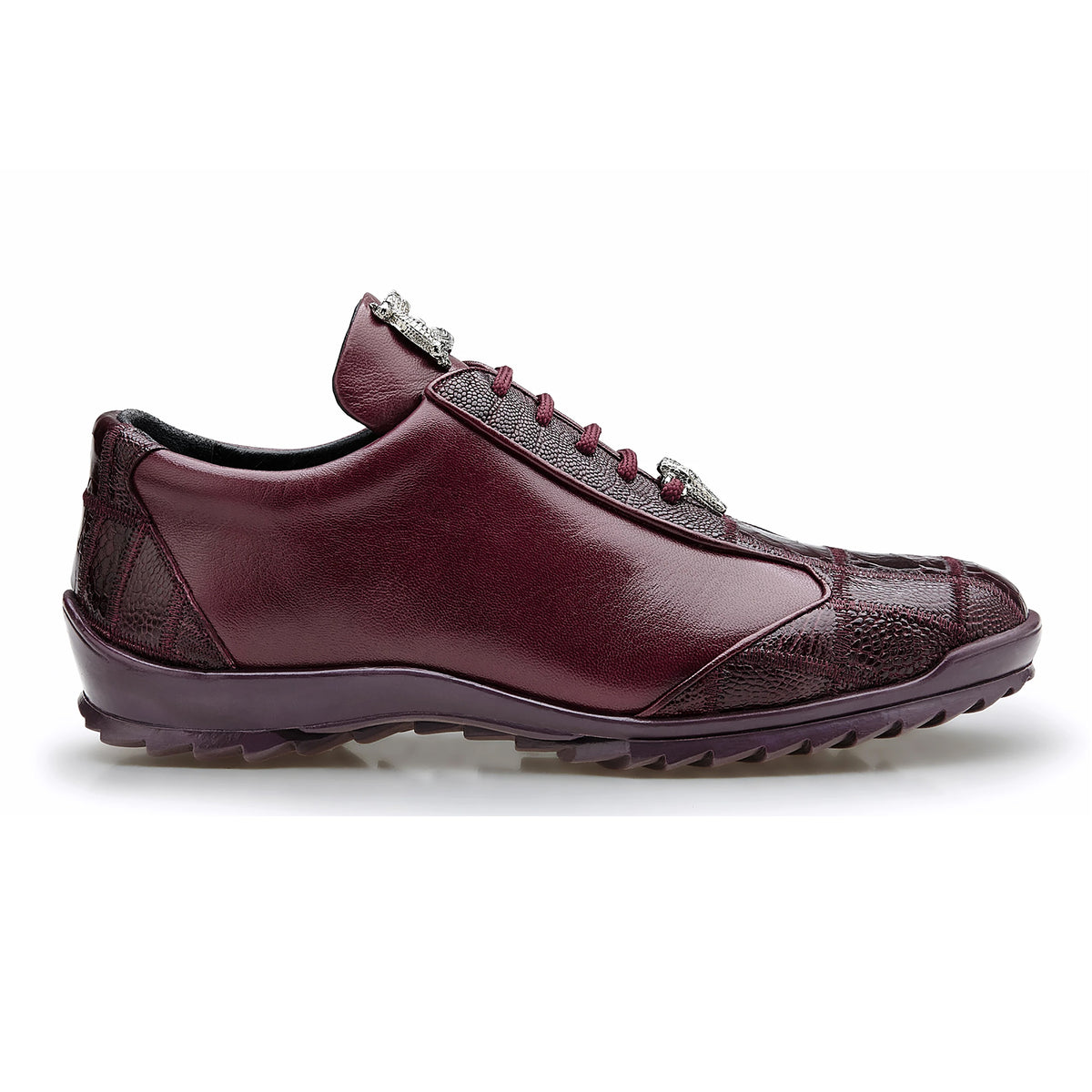 Mens Belvedere Paulo Sneaker in Calf & Ostrich Leg Patchwork in Burgundy