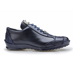 Mens Belvedere Paulo Sneaker in Calf & Ostrich Leg Patchwork in Navy