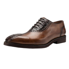 Mens Belvedere Grant Calf Skin & Crocodile Split Toe Dress Shoe in Almond Tan & Brown