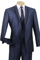 Mens One Button Shawl Tuxedo Suit With Trim in Navy