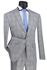 Mens Slim Fit Peak Lapel Glen Plaid Suit in Grey