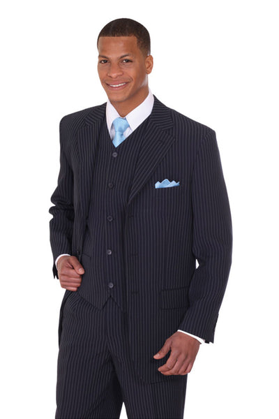 Mens Vested 3 Button Classic Fit Banker Pinstripe Suit in Navy 1 802V-Navy-38R  - from alligatorwarehouse.com