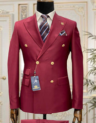 Designer Mens Double Breasted Gold Button Suit in Light Burgundy