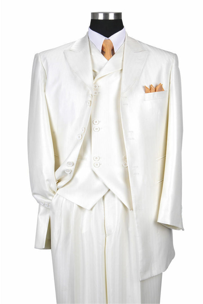 Mens Vested Peak Lapel Herringbone Ton on Ton Stripe Fashion Zoot Suit in Cream