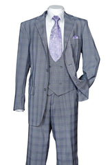 Mens 2 Button Plaid Double Breasted Fancy Scoop Vest Suit in Grey