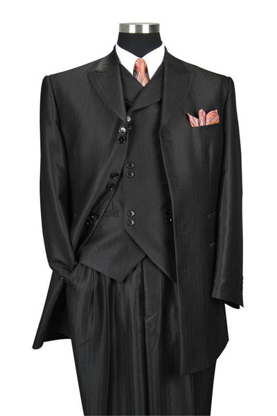 Mens Vested Peak Lapel Herringbone Ton on Ton Stripe Fashion Zoot Suit in Black