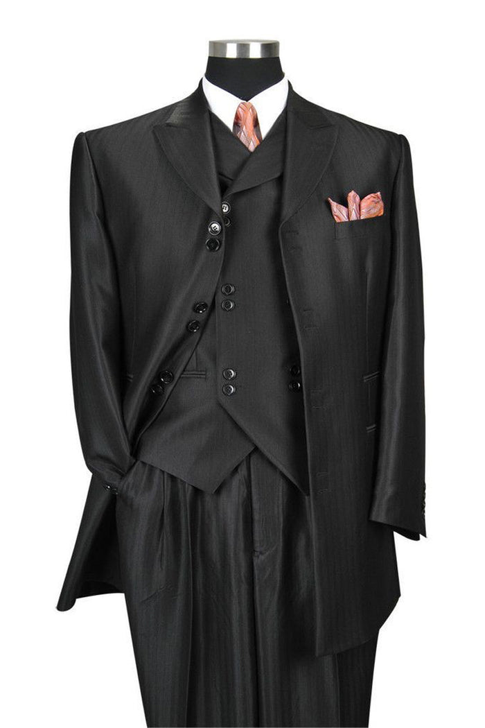 Mens Vested Peak Lapel Herringbone Ton on Ton Stripe Fashion Zoot Suit in Black