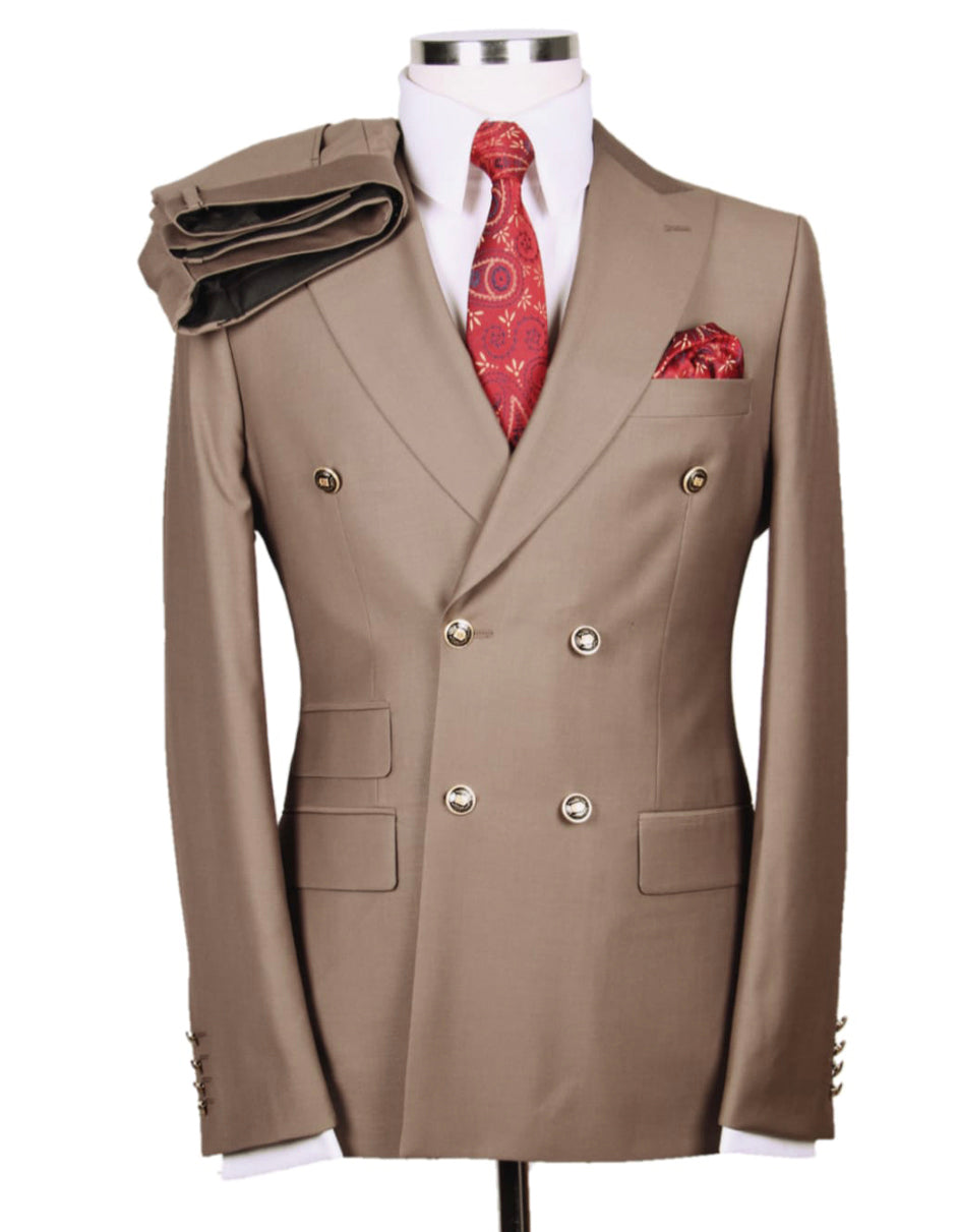 Designer Mens Double Breasted Gold Button Suit in Tan