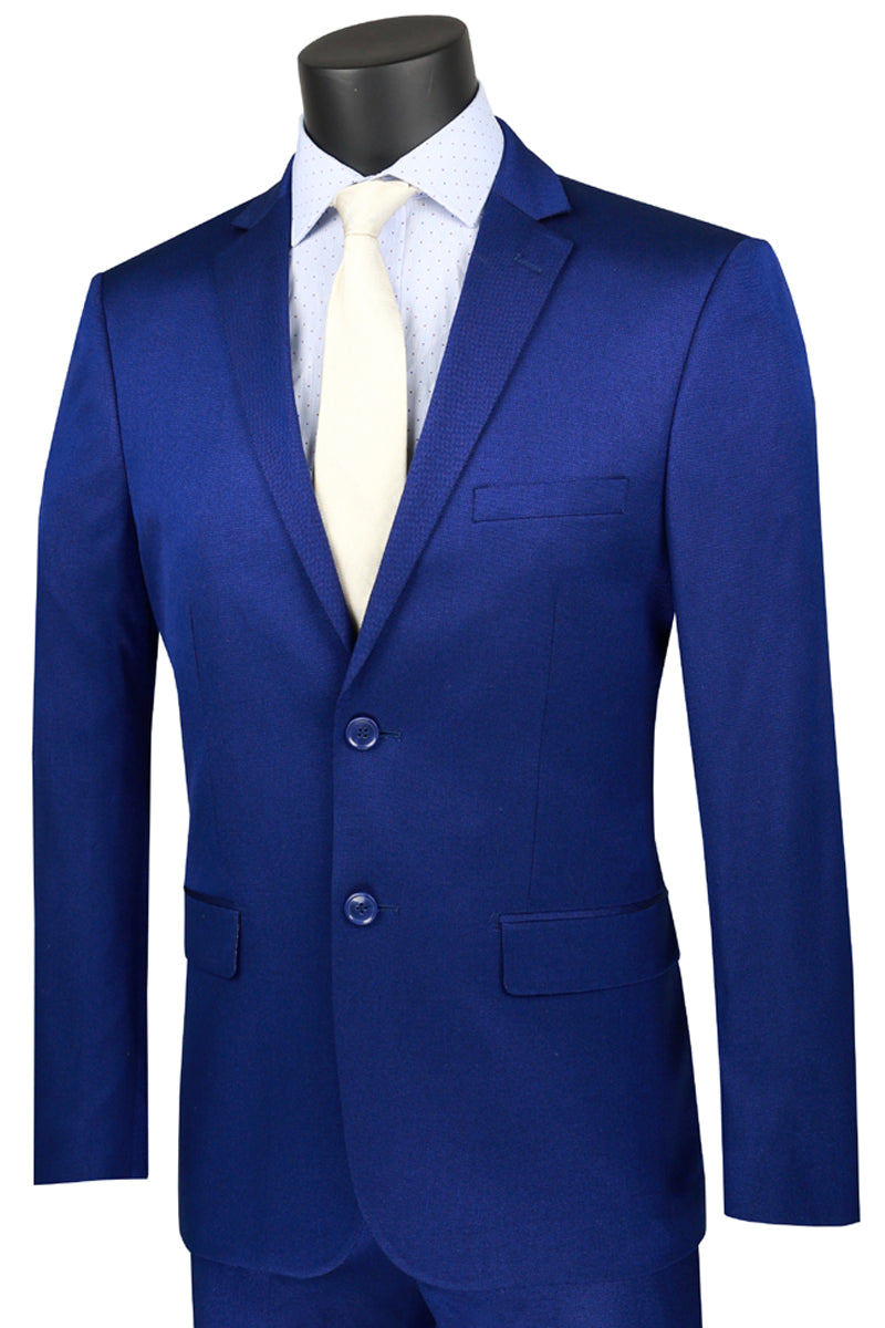 Mens Ultra Slim Fit Shiny Satin Sharkskin Suit in Blue