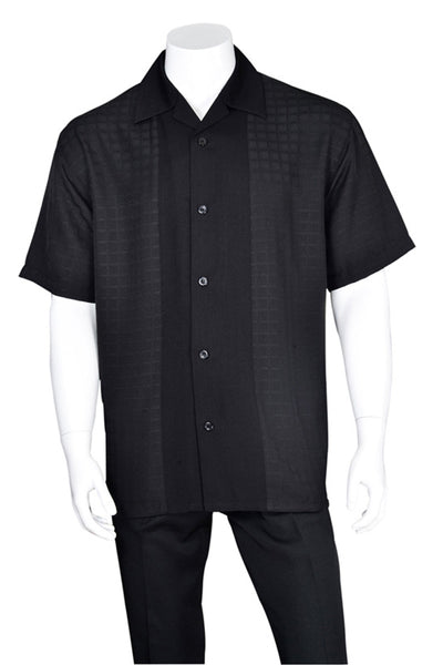Mens Short Sleeve Tonal Windowpane Leisure Set in Black