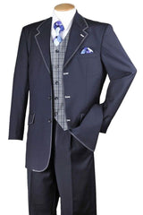 Mens 3 Button Classic Fit Suit with Contrast Stitching and Plaid Vest in Navy