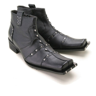 Mens  Leather Studded Ankle Boot in Black