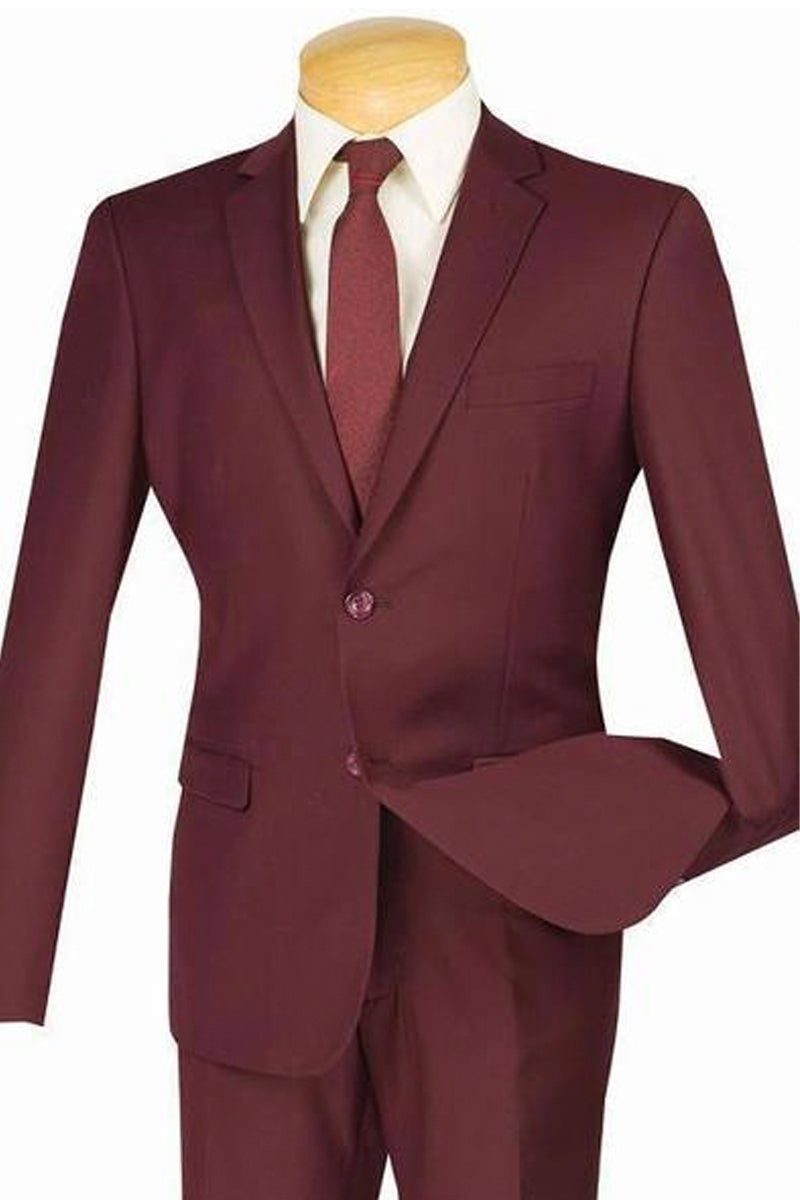 Mens 2 Button Slim Fit Rayon Fabric Suit in Burgundy