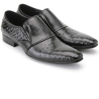 Mens Leather Ostrich Print Slip On Loafer Dress Shoe in Black