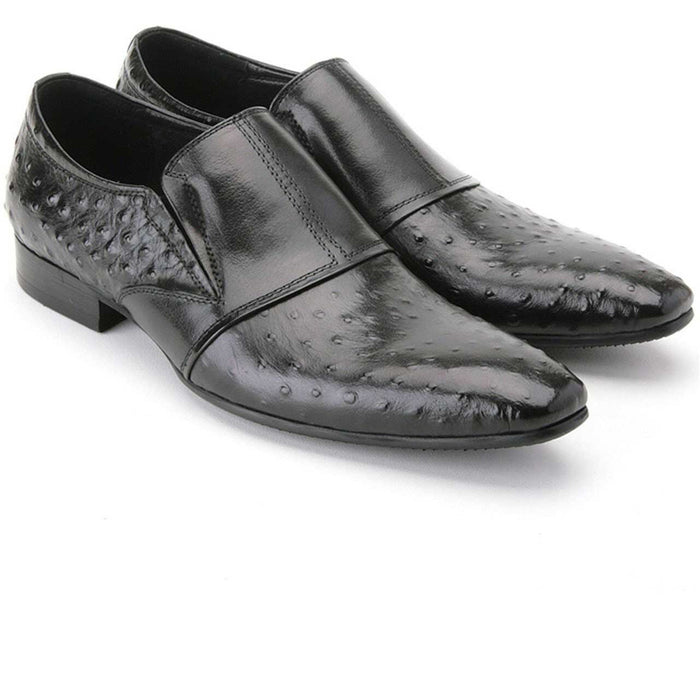Mens Leather Ostrich Print Slip On Loafer Dress Shoe in Black