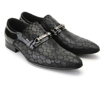 Mens Patterened Leather Slip On Loafer Dress Shoe in Black