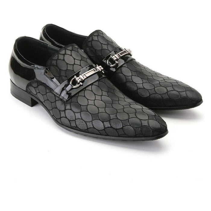 Mens Patterened Leather Slip On Loafer Dress Shoe in Black