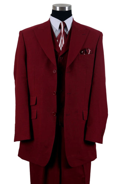 Mens 3 Button Vested Wide Peak Lapel Suit with Semi-Wide Pants in Burgundy 1 905V-Burgundy-38R  - from alligatorwarehouse.com