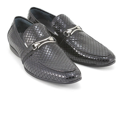 Mens Leather Patterned Slip On Loafer Dress Shoe in Black