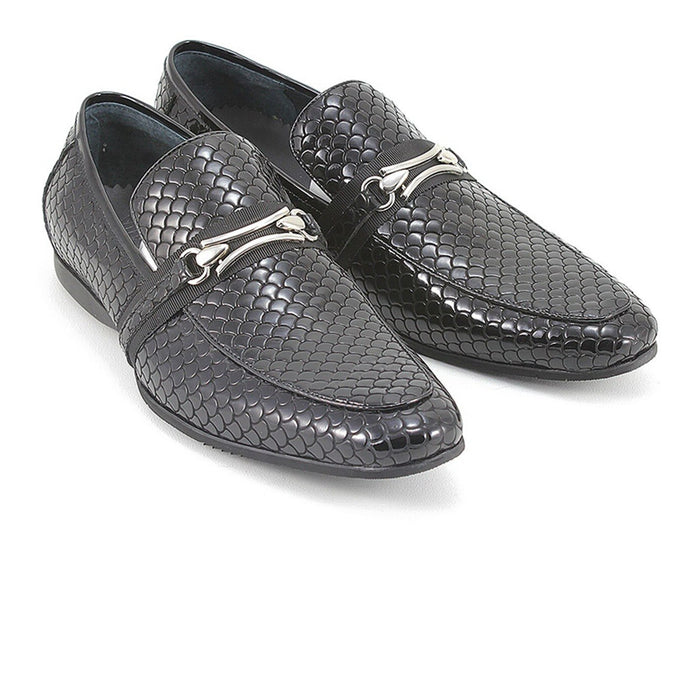 Mens Leather Patterned Slip On Loafer Dress Shoe in Black