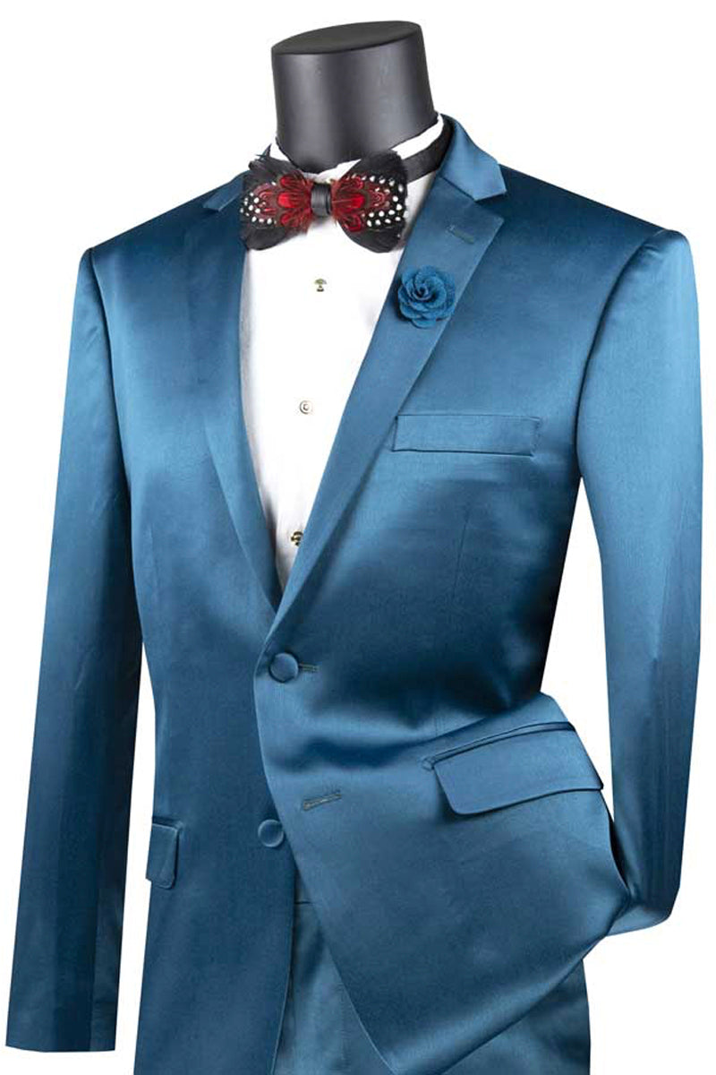 Mens Ultra Slim Fit Strech Sateen Shiny Sharskin Suit in Teal