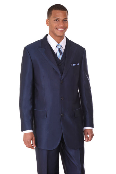 Mens 3 Button Fashion Suit with Wide Trimmed Peak Lapel in Navy 1 5907V-Navy-38R  - from alligatorwarehouse.com