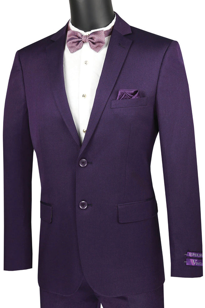 Mens Ultra Slim Fit Shiny Satin Sharkskin Suit in Purple