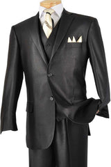 Mens Classic Vested Shiny Sharkskin Suit in Black