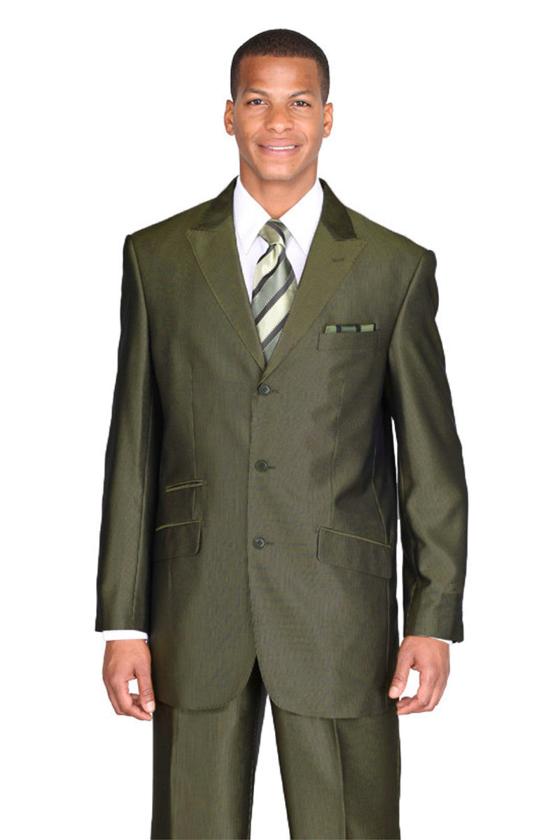 Mens 3 Button Classic Fit Tonal Sharkskin Peak Lapel Suit in Olive